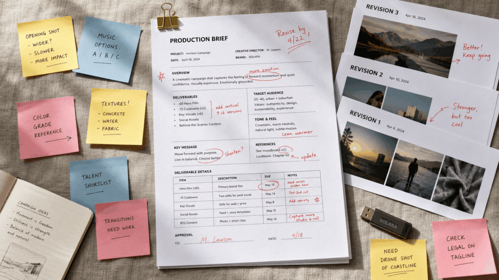 Een uitgebreid van notities voorziene productiebriefing met revisiefoto's en opmerkingen over colour grade, talent, overgangen en juridische zaken, een beeld van hoeveel beslissingen één asset draagt
