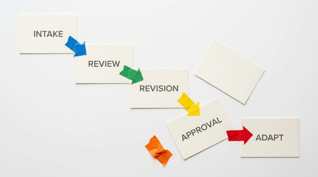 Een artworkworkflow op indexkaarten van intake via review, revisie en goedkeuring naar adaptatie, verbonden door gekleurde plakbandpijlen