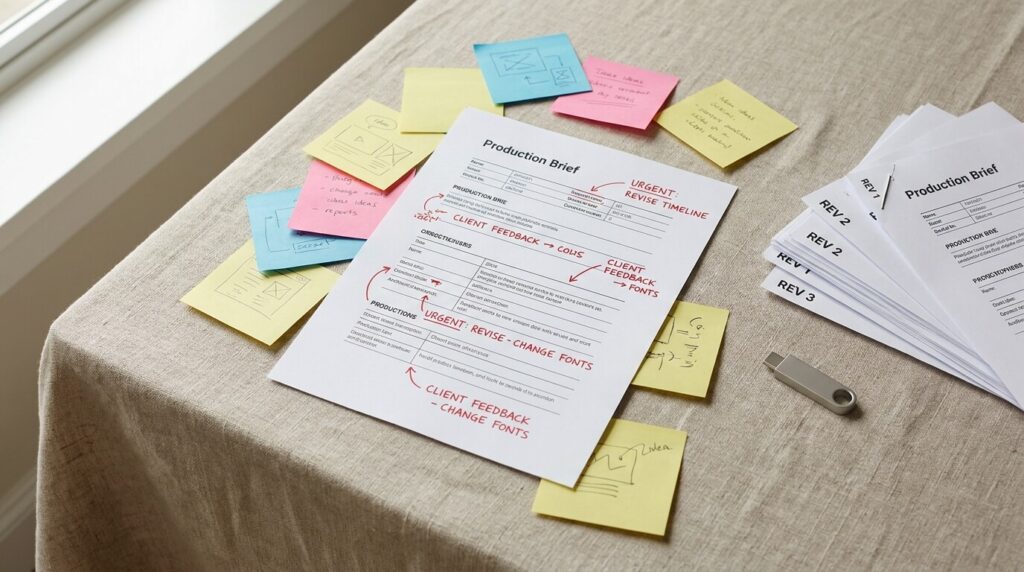 Een productiebriefing op een linnen tafel met dringende revisienotities en verzoeken om lettertypes te wijzigen, met wireframeschetsen en een stapel revisies
